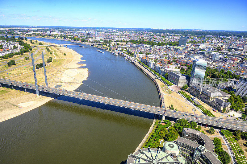 Düsseldorf city view on the banks of the river Rhine seen form above